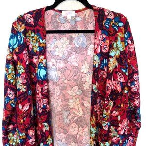 LuLaRoe Sarah Long Sleeve Cardigan Large Bohemian Colorful Floral Pink Red Blue